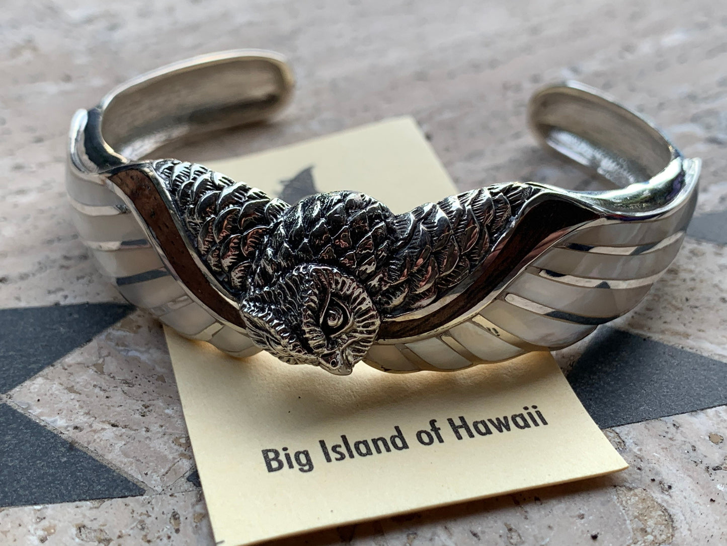 Owl cuff bracelet. Hawaiian Koa Wood. Mother of Pearl. Sterling Silver.