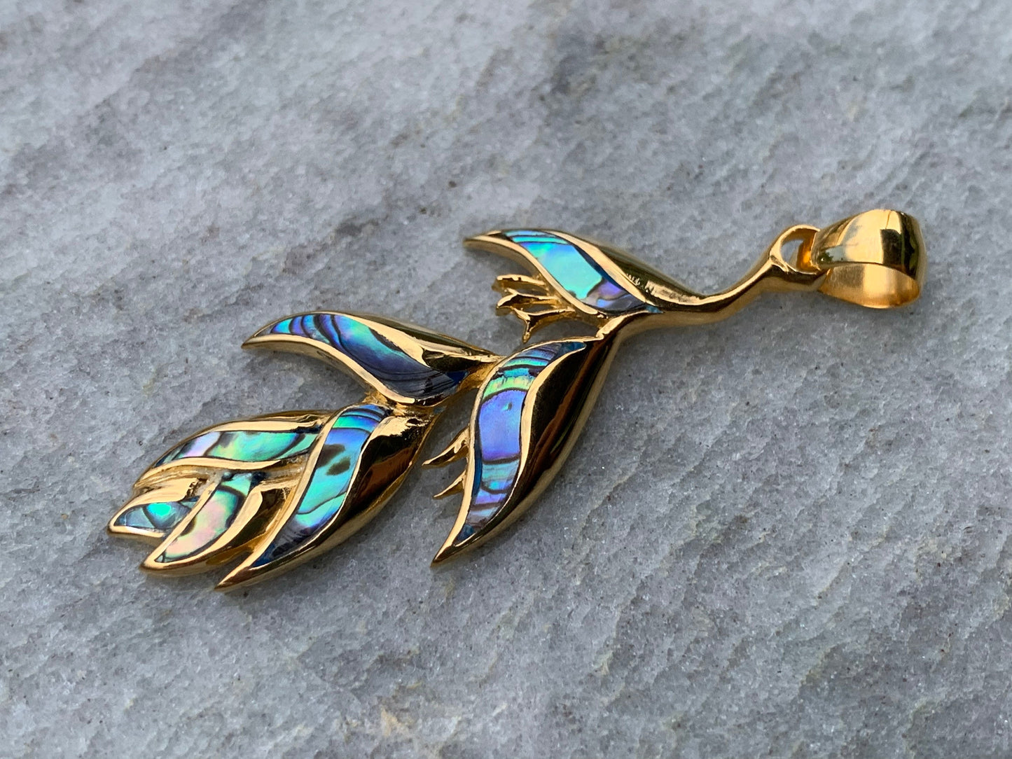 18K Gold Vermeil Heliconia Flower Necklace Pendant. Abalone Shell.