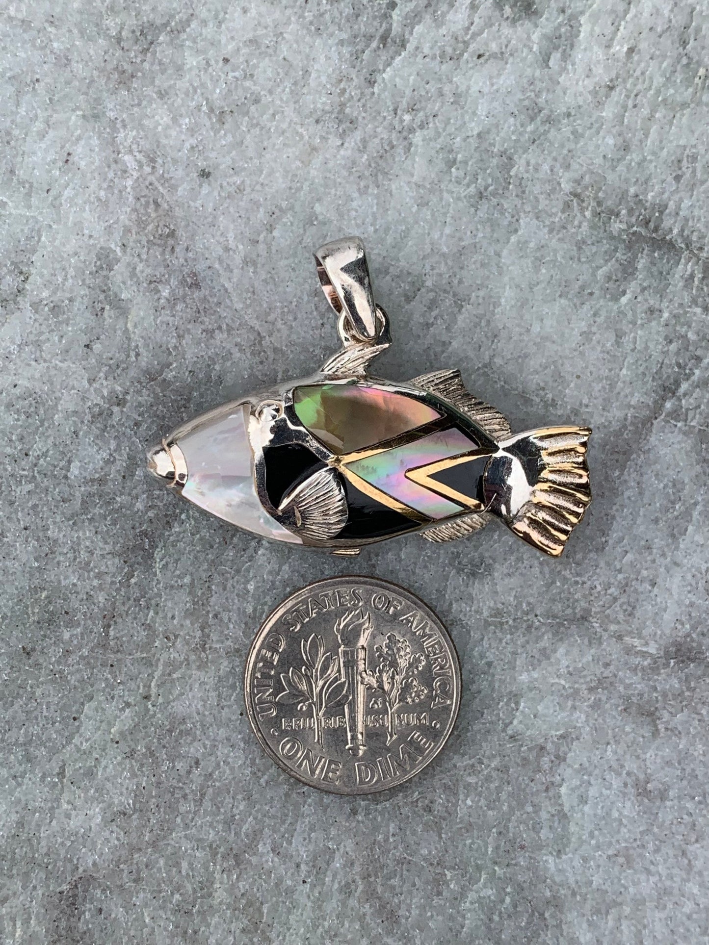 Humuhumunukunukuapua’a (Trigger Fish) Hawaiian State Fish Necklace Pendant. Silver, Mother of Pearl, Black Lip Oyster Shell.