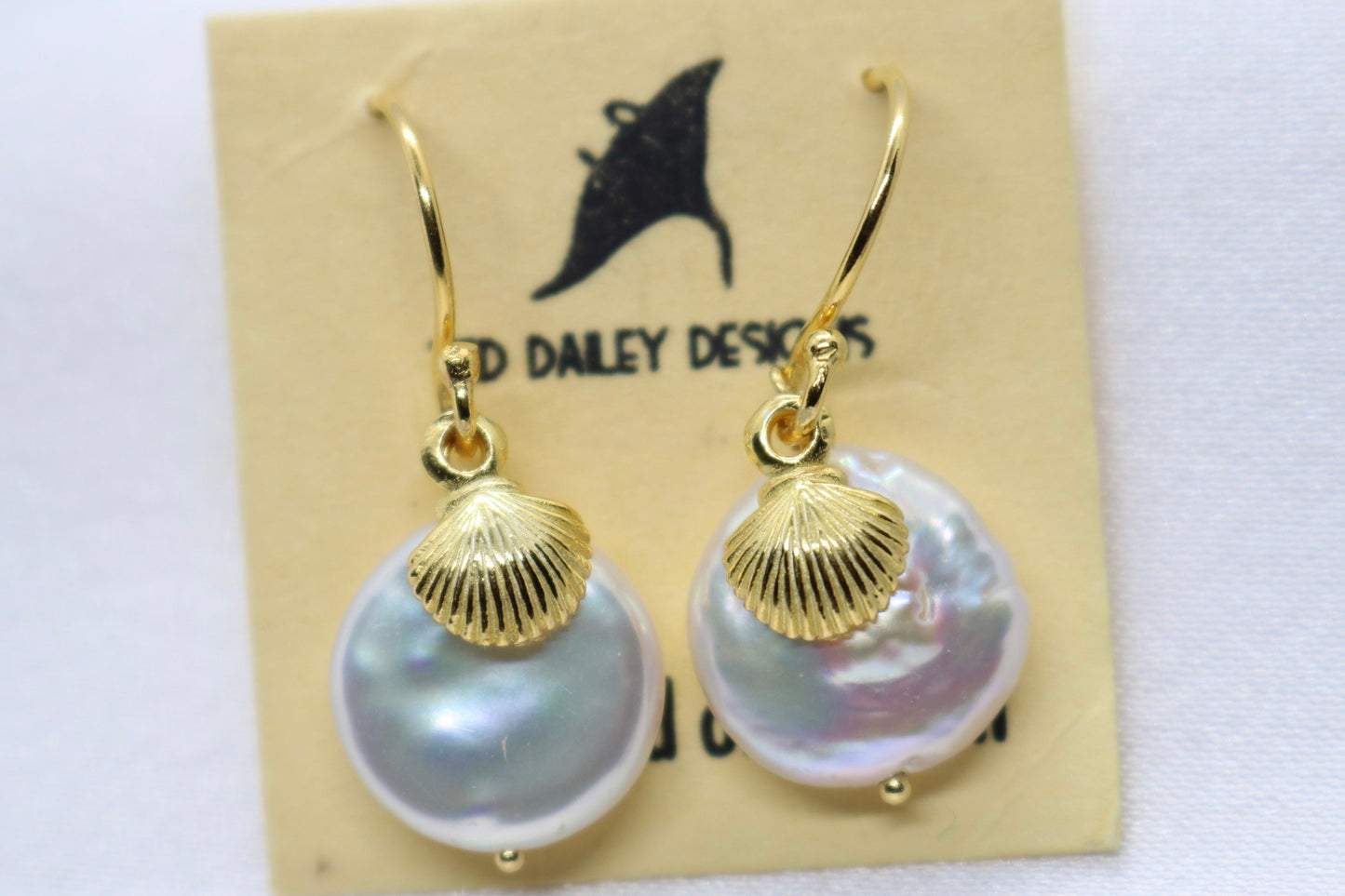 Sea Shell Pearl 18K Gold Vermeil Charm Earrings Jewelry