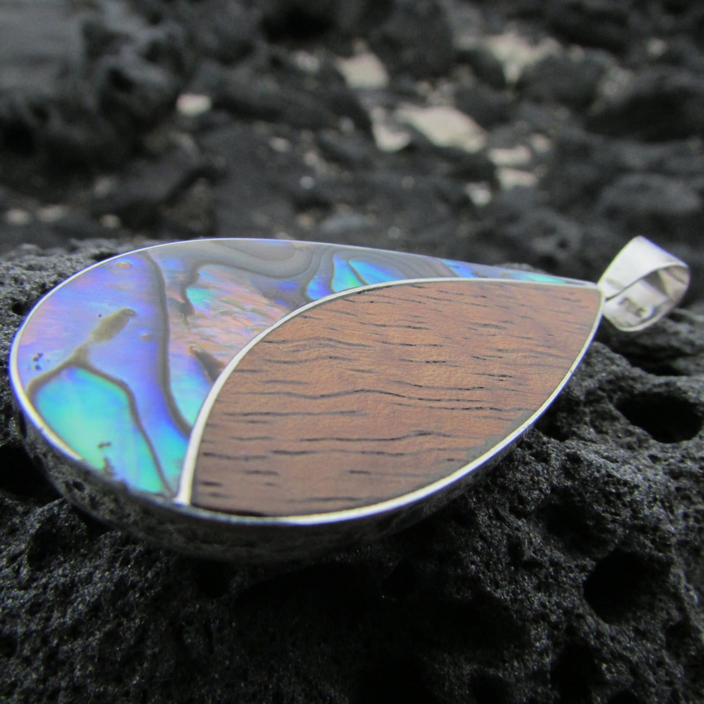 Teardrop Necklace Pendant | Koa Wood | Abalone Paua Shell | Sterling Silver | Gift | Jewelry | Handmade | Unique