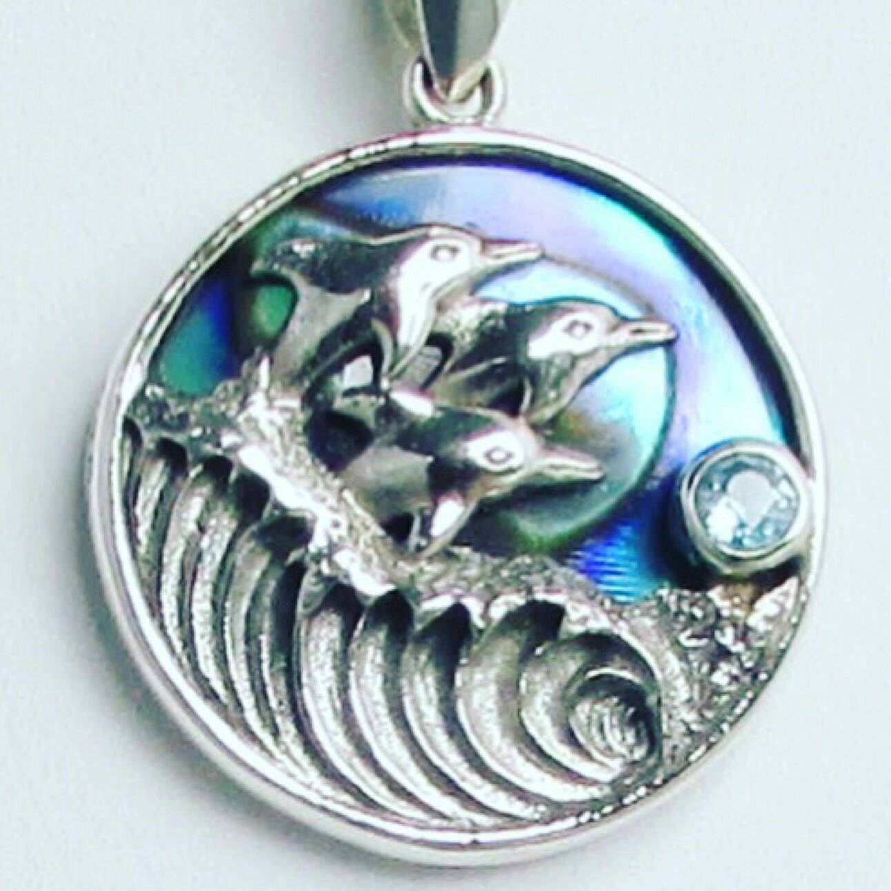 Dolphin Wave Necklace Pendant Large | Blue Topaz | Abalone Paua Shell | Sterling Silver | Ocean | Beach | Gift | Jewelry | Handmade | Unique