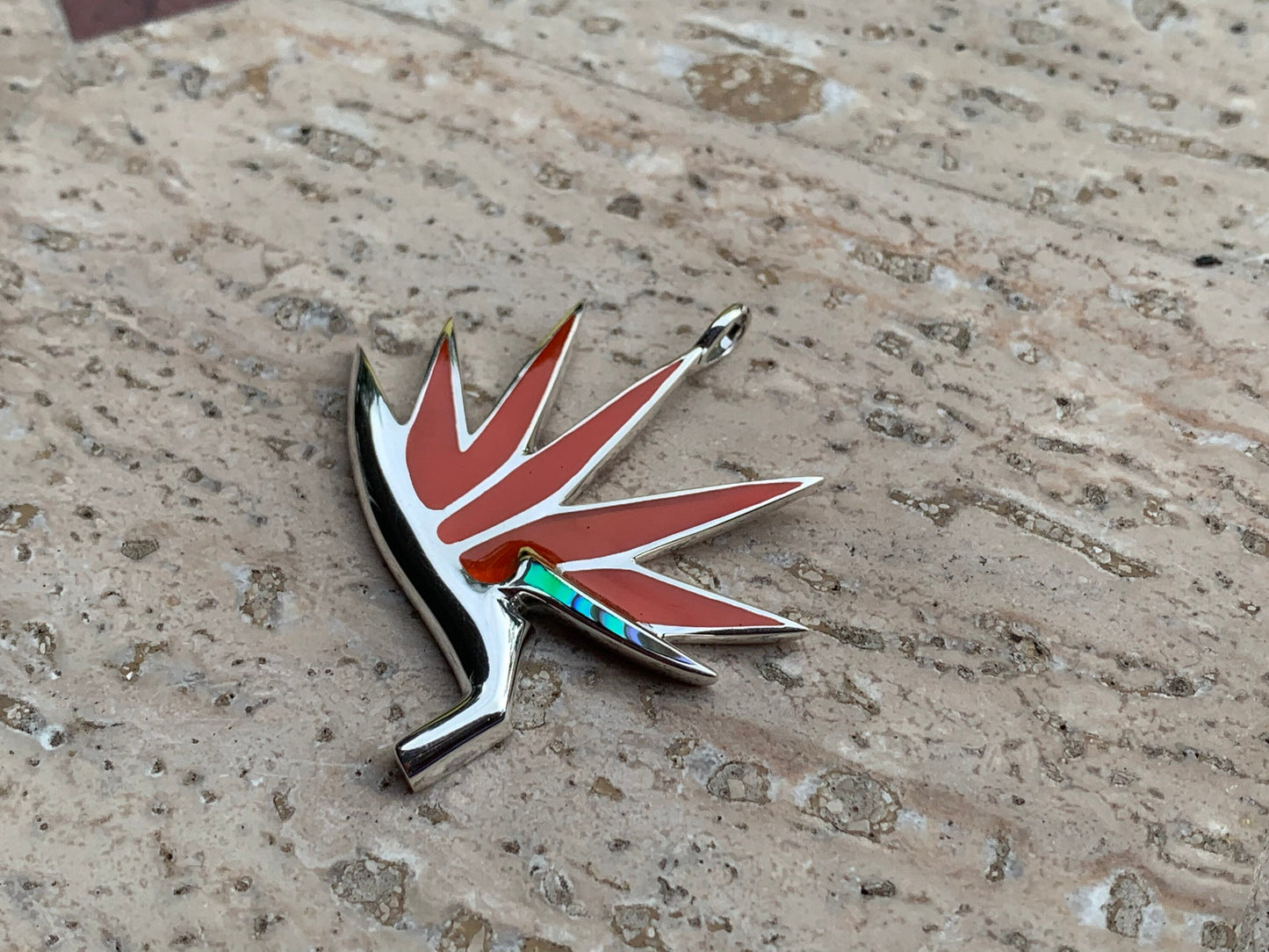 Bird of Paradise Flower Necklace Pendant. Red Coral, Sterling Silver, Abalone Shell.