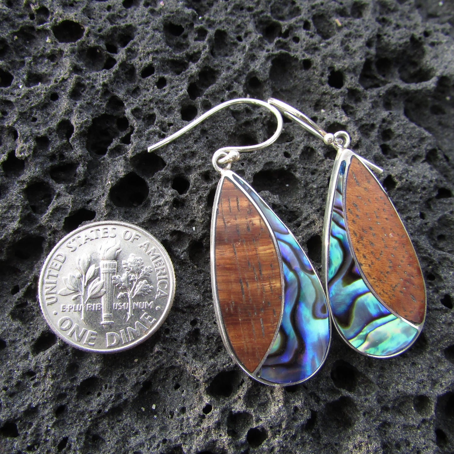Teardrop Earrings | Paua Abalone Shell | Koa Wood | Sterling Silver | Gift | Jewelry | Handmade | Unique