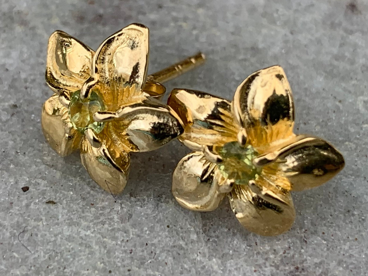 Plumeria Flower Gold Vermeil Earrings Studs. Peridot.