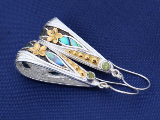 18K Gold Vermeil Plumeria Peridot Abalone Shell Hoop Earrings. Sterling Silver.