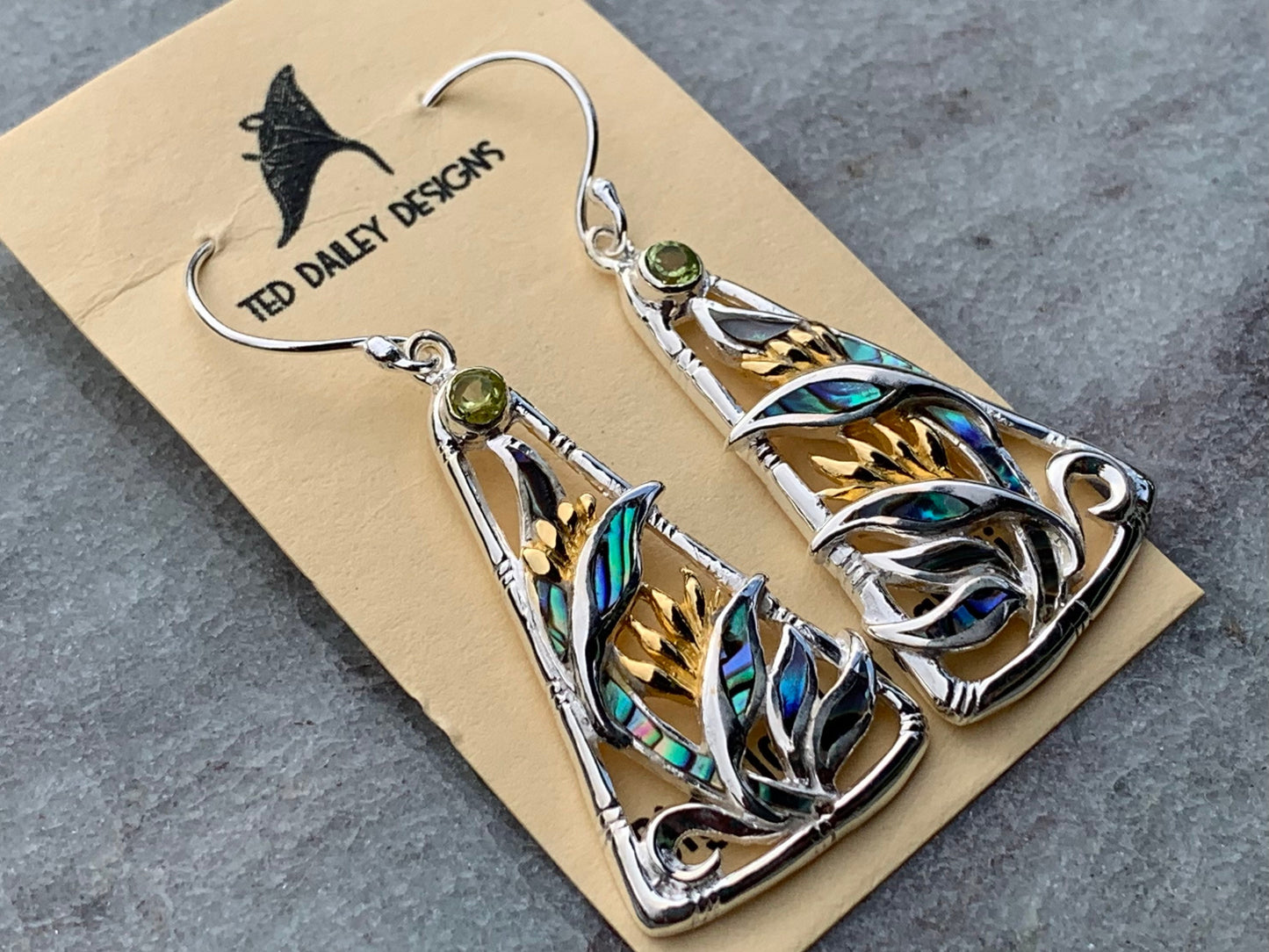 Bird of Paradise Flower Blue Peridot Silver Gold Shell Earrings