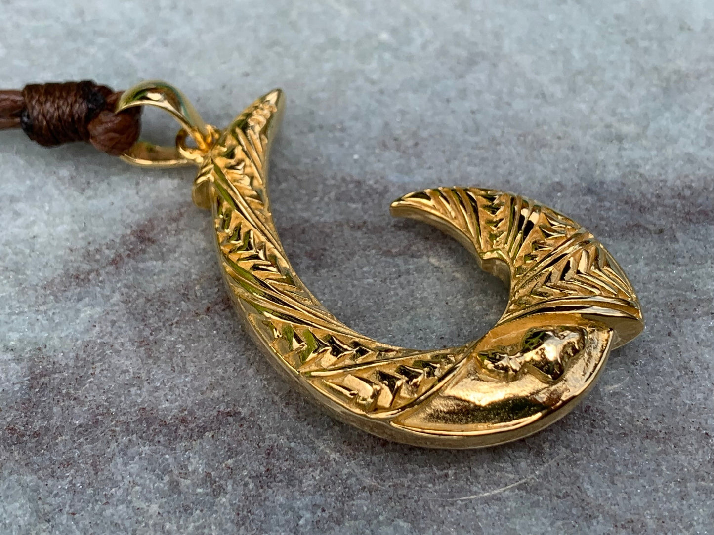Hawaiian Maui Island Fishing Hook Tribal Necklace Pendant. 18K Gold Vermeil.