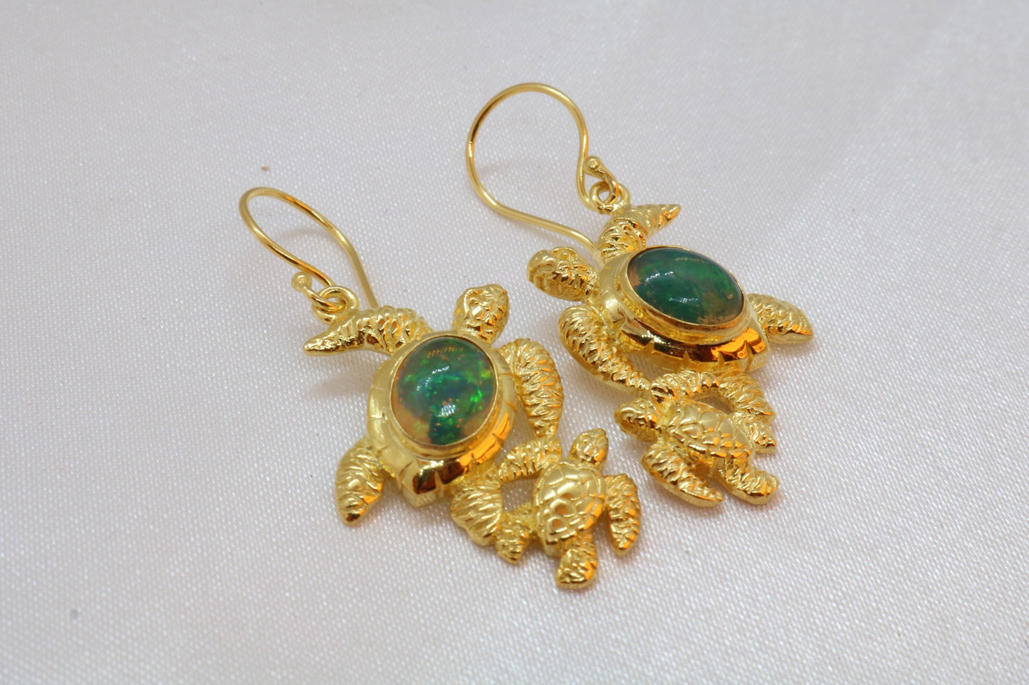 Opal Turtle Hawaiian Honu Mom and Baby 18k Gold Vermeil Earrings