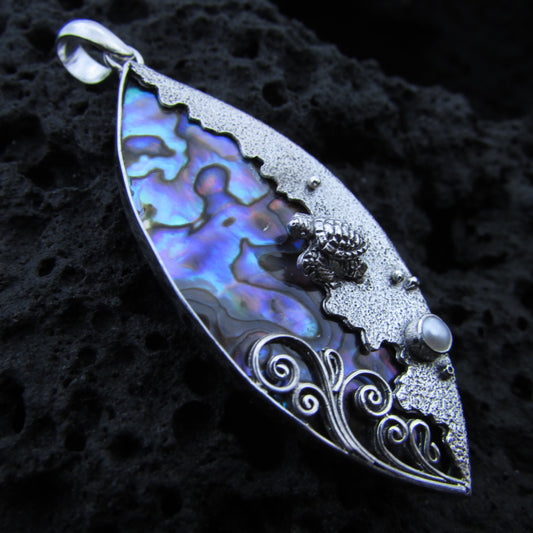 Sea Turtle Wave Necklace Pendant | Paua Abalone Shell | Pearl | Sterling Silver | Ocean | Beach | Gift | Jewelry | Handmade | Unique