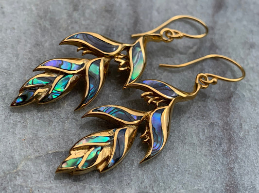 18K Gold Vermeil Heliconia Flower Earrings. Abalone Shell.