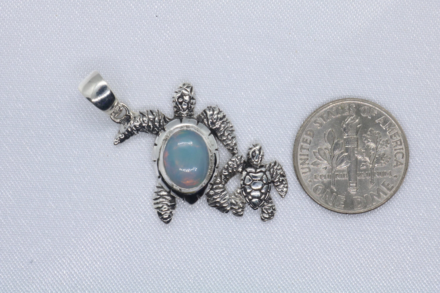 Opal Turtle Hawaiian Honu Mom and Baby silver Necklace Pendant