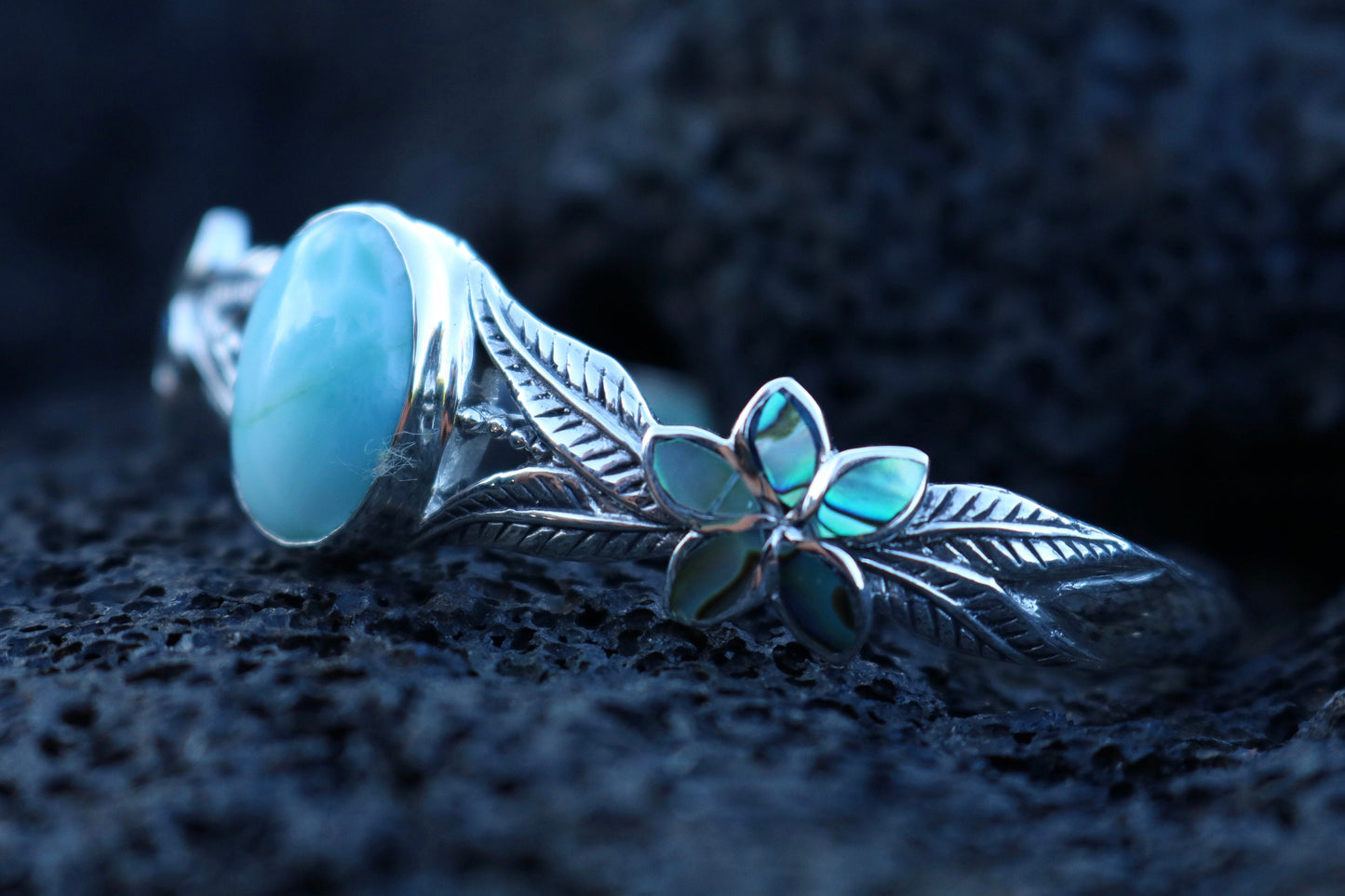 Larimar Cuff Bracelet with Plumeria Flower. Abalone Paua Shell and Sterling Silver.