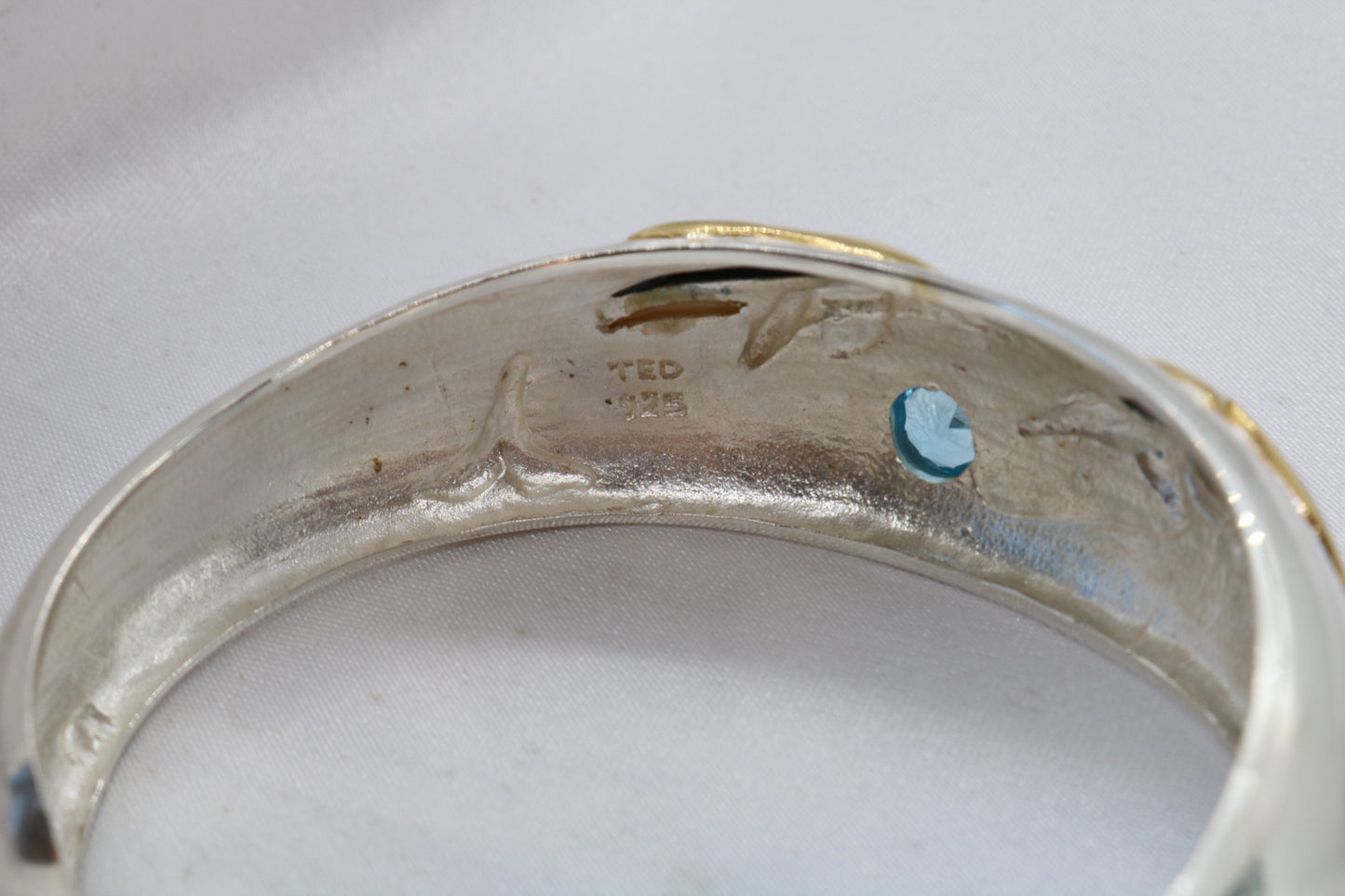 Aumakua dolphin Naia topaz cuff bracelet. Abalone shell, gold, silver.