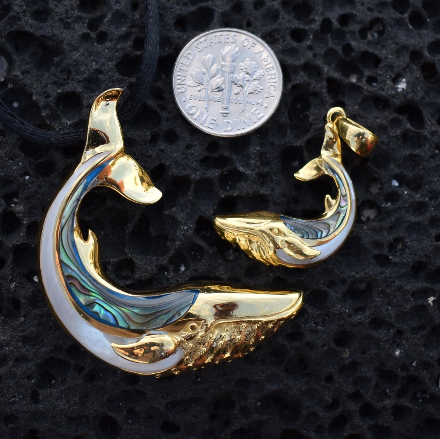 18K Gold Vermeil Whale Necklace Pendant. Abalone Shell. Mother of Pearl.