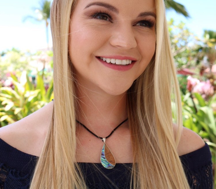 Teardrop Necklace Pendant | Koa Wood | Abalone Paua Shell | Sterling Silver | Gift | Jewelry | Handmade | Unique