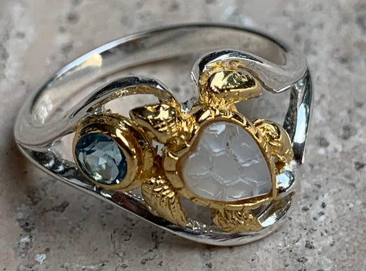 Swiss Topaz Turtle Ring. Mother of Pearl, Silver, Gold.