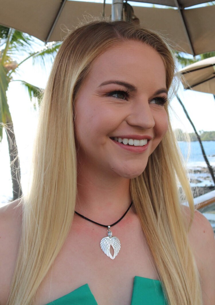 Angel Wings Heart Mother of Pearl Shell Necklace Pendant with Blue Topaz. Sterling Silver.