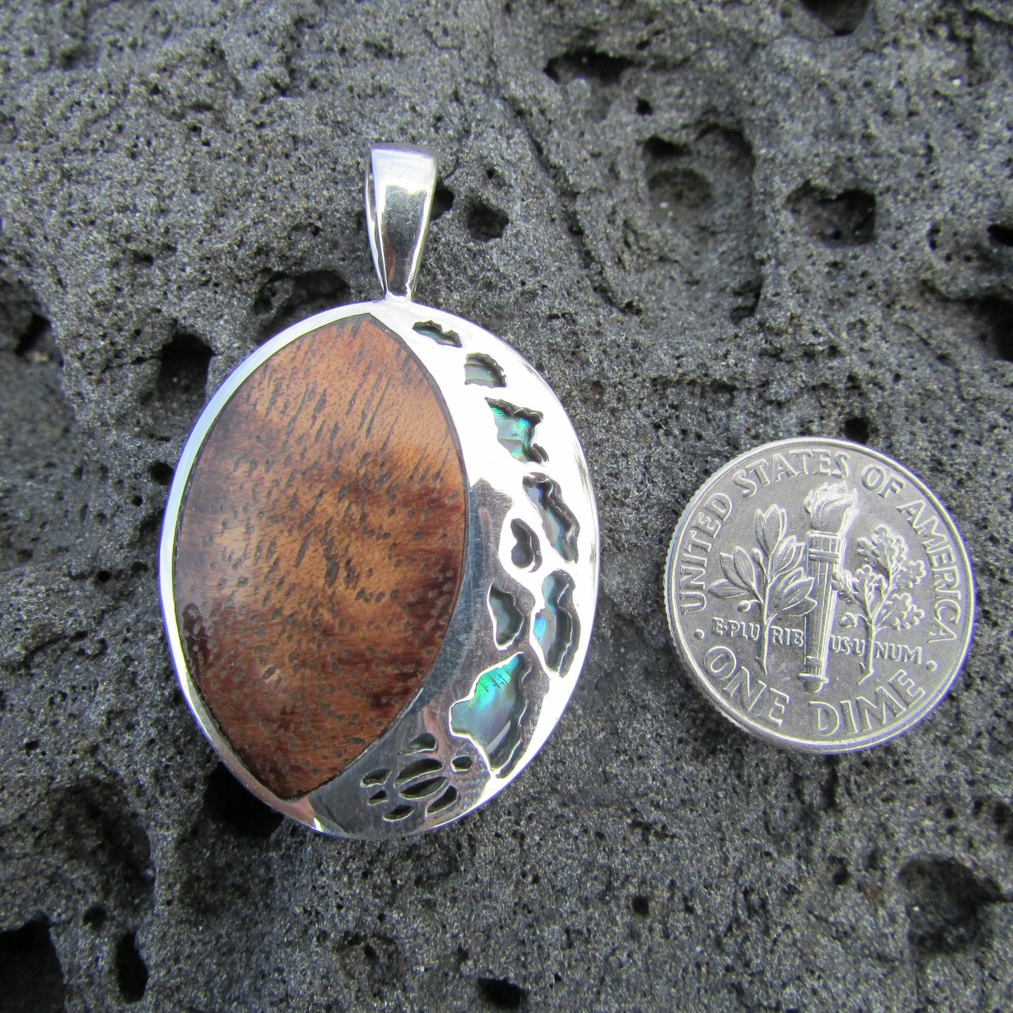 Hawaii Islands Chain Necklace Pendant Small | Koa Wood | Paua Abalone Shell | Sterling Silver | Ocean | Beach | Gift | Jewelry | Handmade