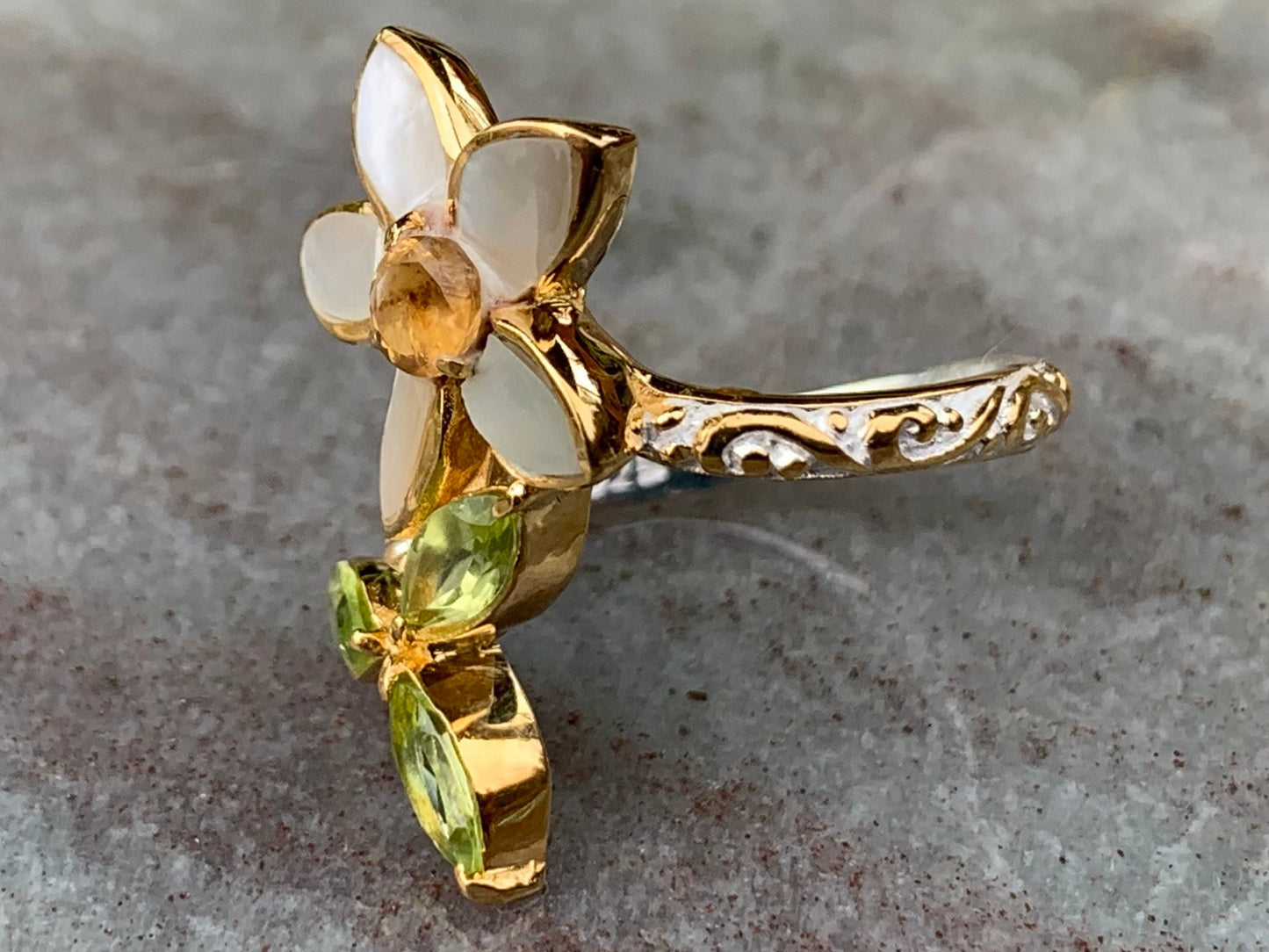 Plumeria Flower Ring. Gold, Silver, Citrine, Peridot, Mother of Pearl.