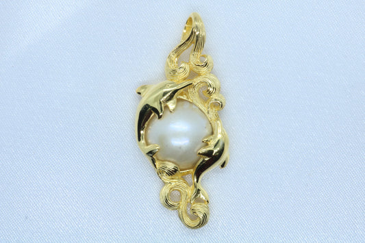 Dolphins Hawaiian Naia 18k Gold Vermeil Mabe White Pearl Necklace Pendant