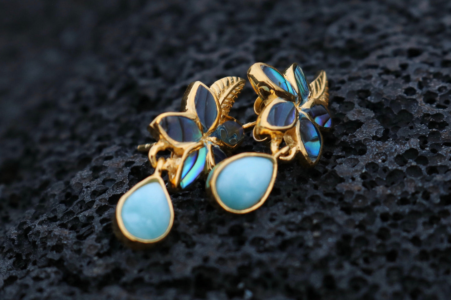 18K Gold Vermeil Plumeria Flower Larimar Stud Earrings. Abalone Shell, Sterling Silver.