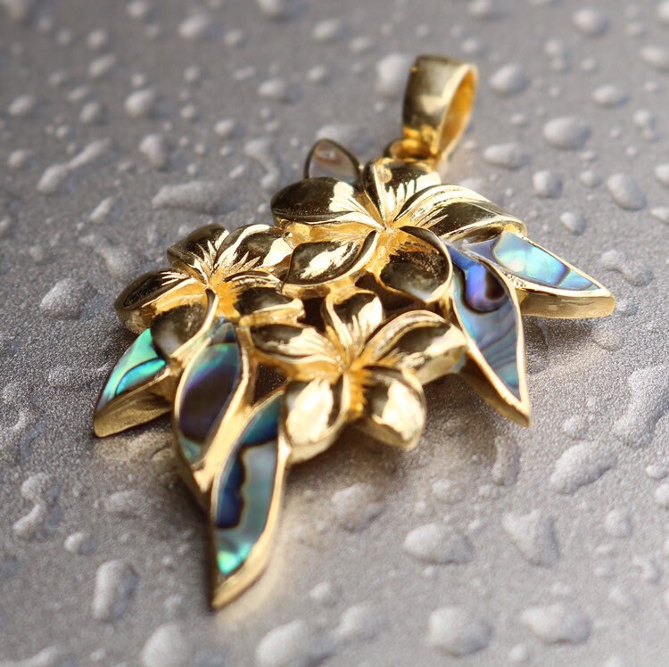 Plumeria Flowers Necklace Pendant. 18k Gold Vermeil. Abalone Paua Shell.