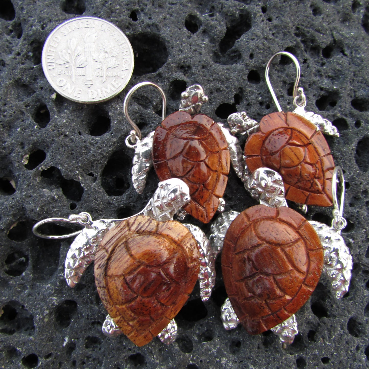 Sea Turtle Earrings Large | Koa Wood | Sterling Silver | Ocean | Beach | Gift | Jewelry | Handmade | Unique
