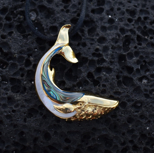 18K Gold Vermeil Whale Necklace Pendant. Abalone Shell. Mother of Pearl.