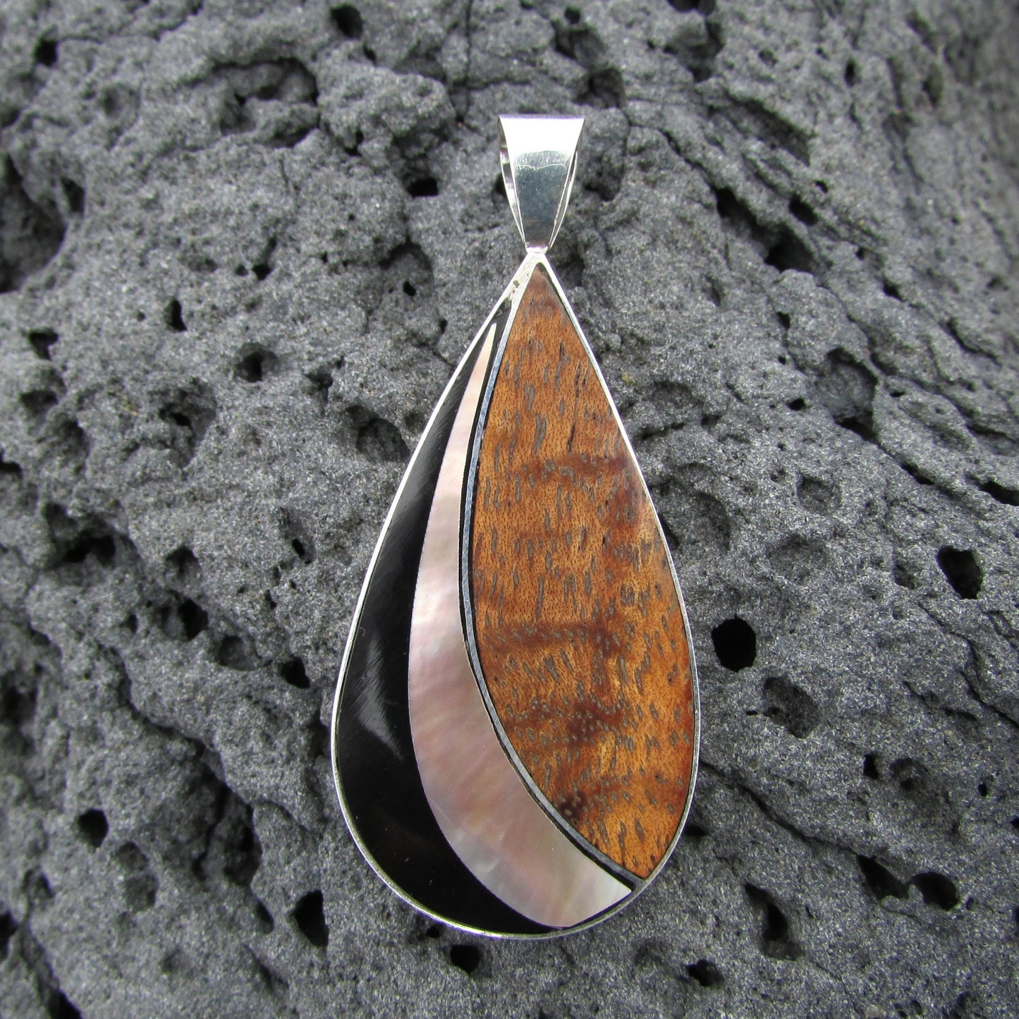 Teardrop Necklace Pendant | Black Ouster Shell | Sterling Silver | Koa Wood | Gift | Jewelry | Handmade | Unique