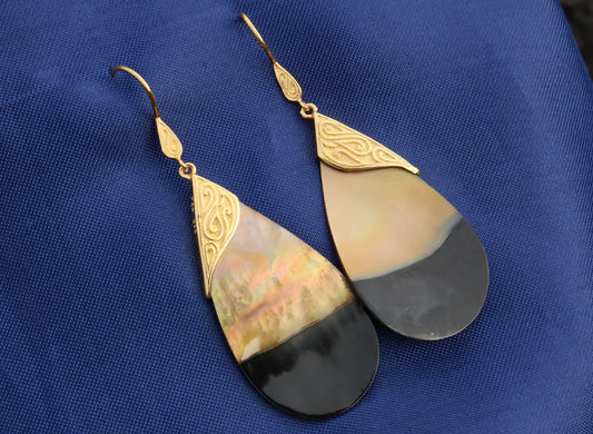 18k Gold Teardrop Black Oyster Shell Earrings Tribal Design. Sterling Silver.