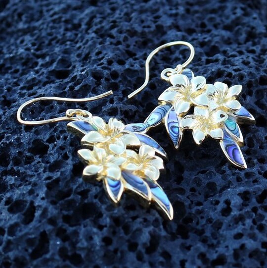 Plumeria Flowers Earrings. 18k Gold Vermeil. Abalone Paua Shell.