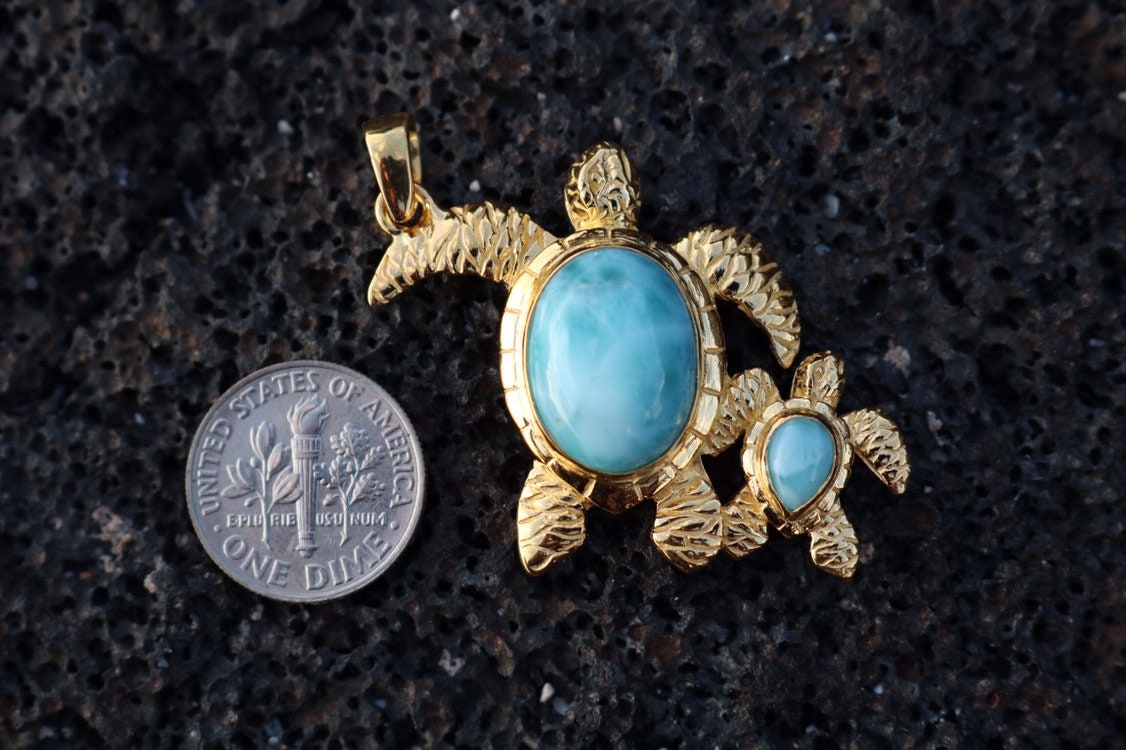 18K Gold Vermeil Larimar Turtle and Baby Necklace Pendant Jewelry.