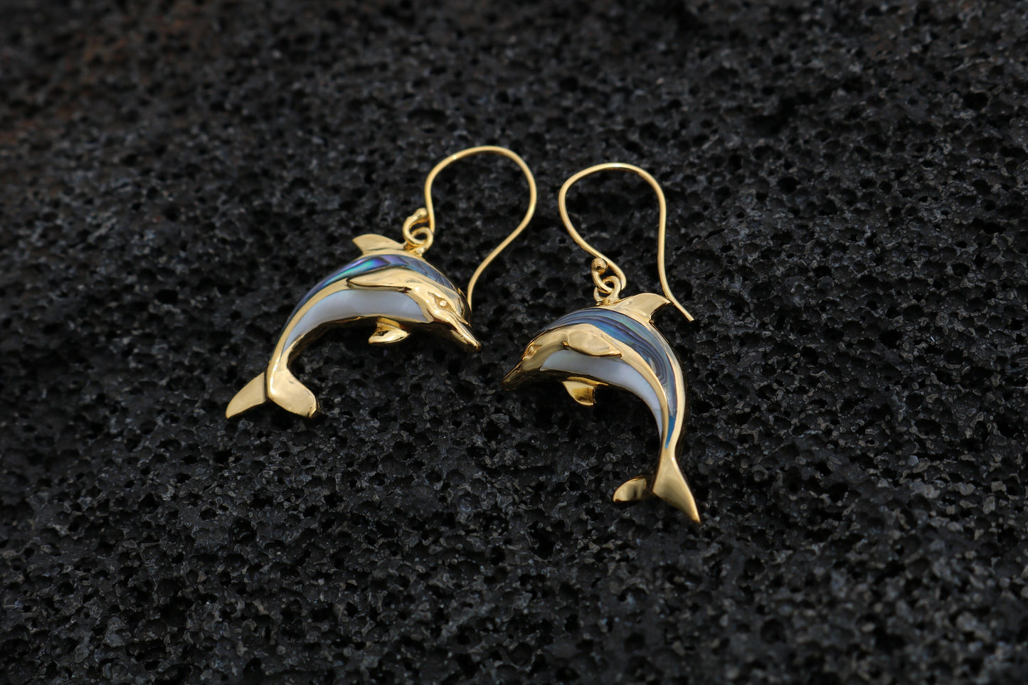 18K Gold Vermeil Aumakua Dolphins Earrings. Abalone Paua Shell, Mother of Pearl, 18K Gold, Sterling Silver.