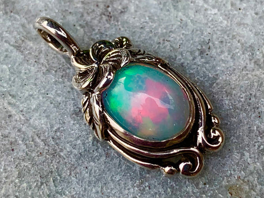 Opal Plumeria Flower Necklace Pendant. Sterling Silver.