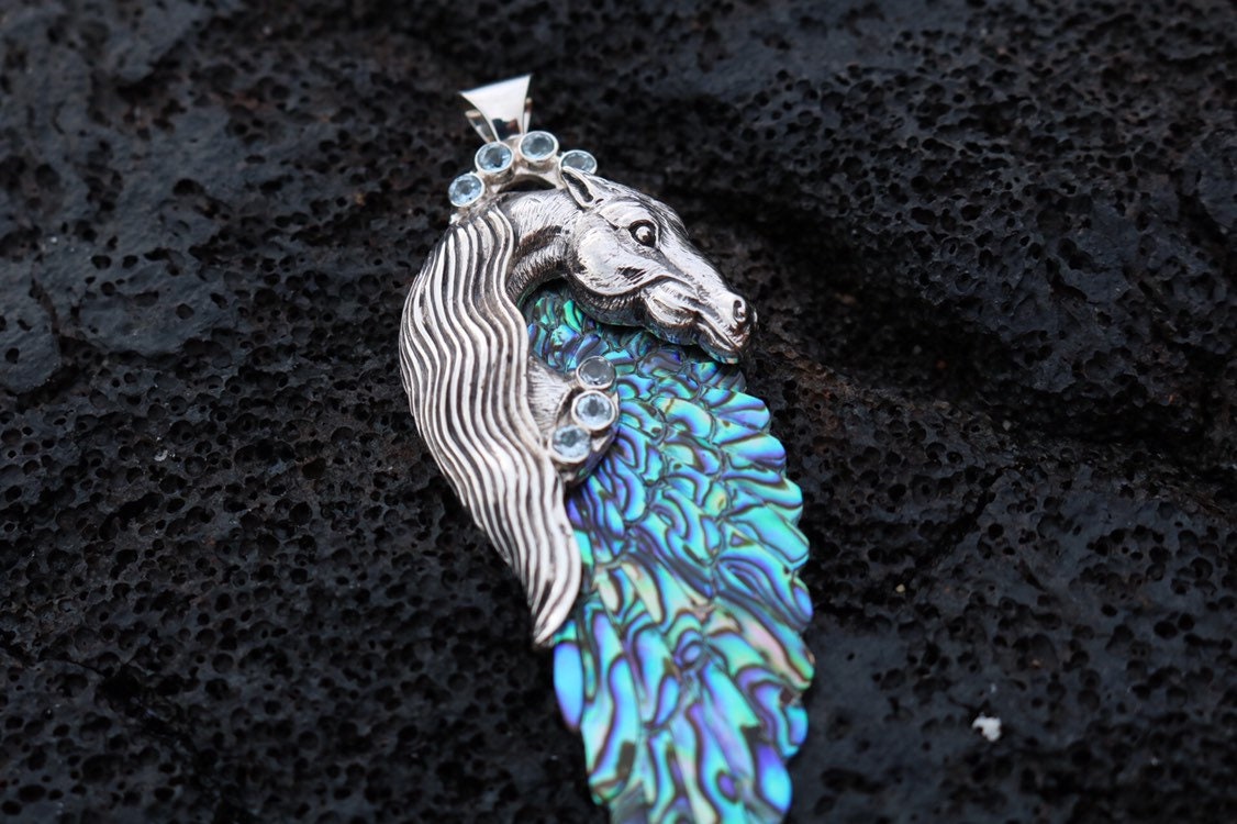 Pegasus Horse Wings Cowgirl Jewelry Necklace Pendant. Sterling Silver, Blue Topaz, Abalone Shell.