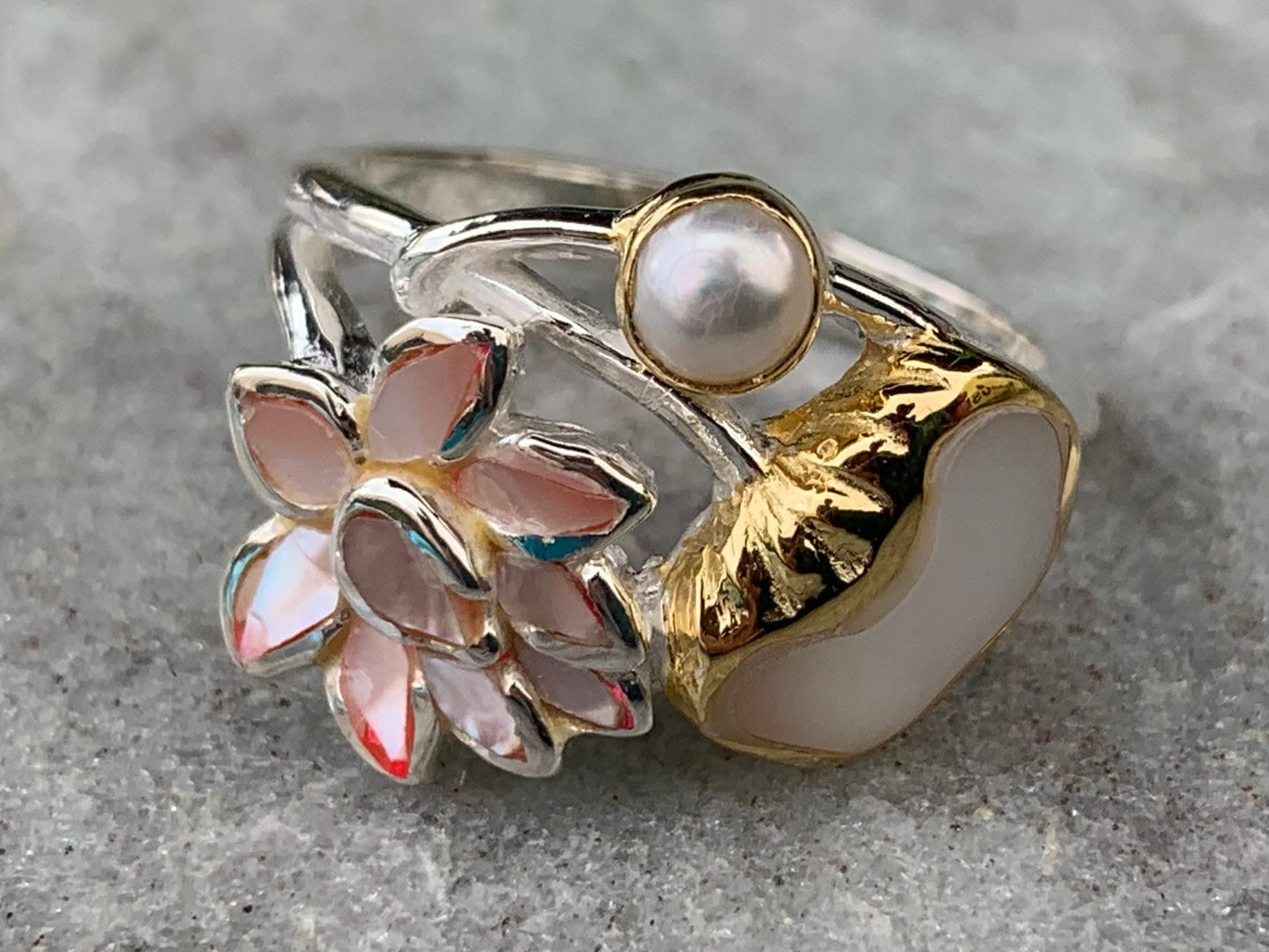 Pink Lotus Flower Ring. Sterling Silver, Pearl, Gold, Mother of Pearl.