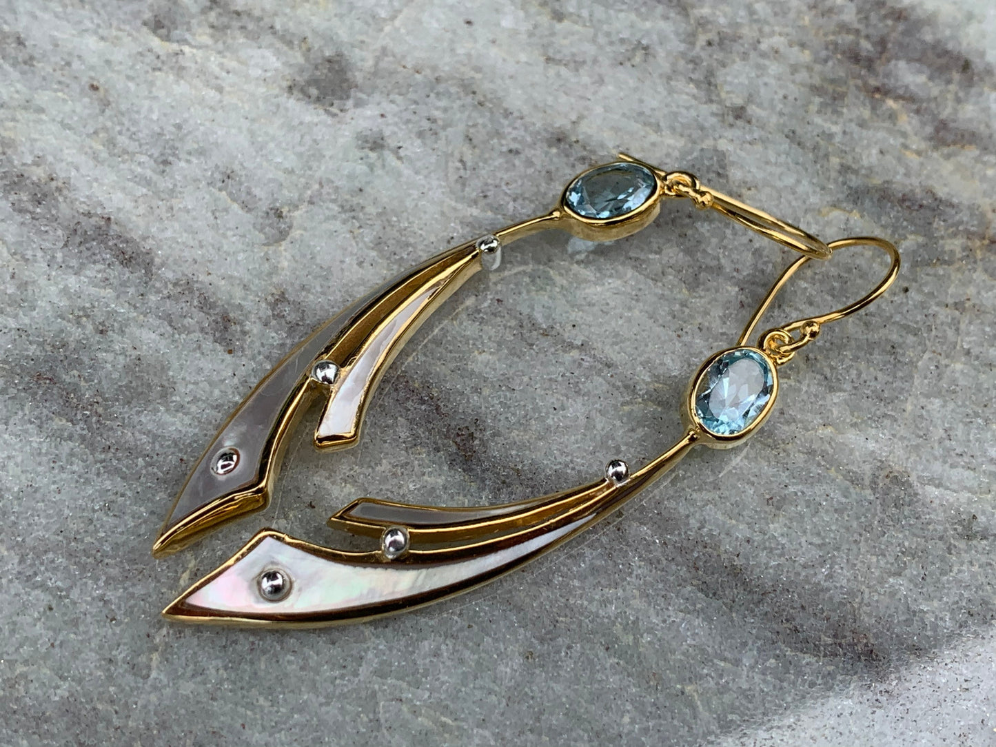 18k Gold Vermeil Wave Earrings. Blue Topaz, Mother of Pearl