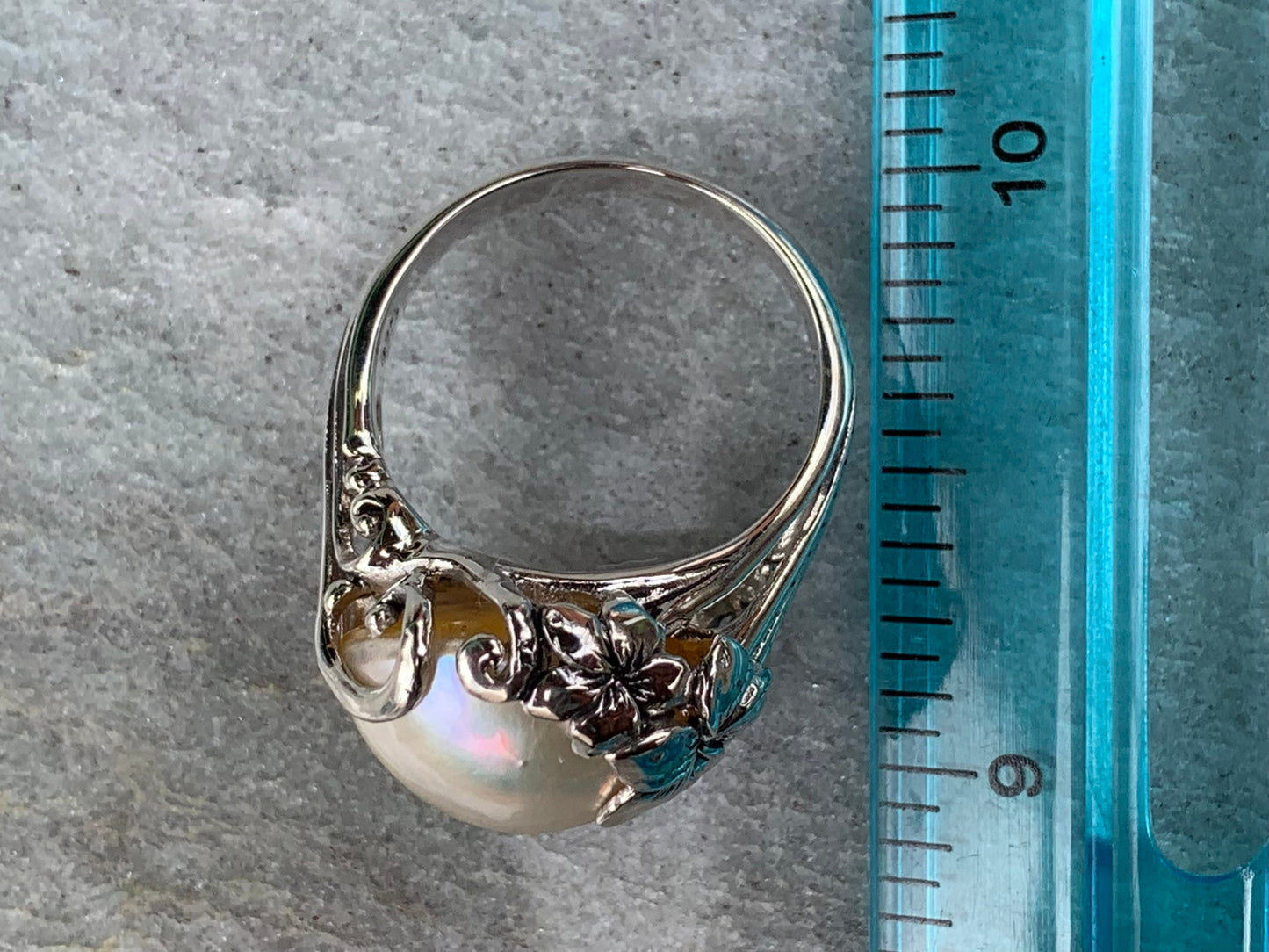 White Mabe Pearl Plumeria Flower Silver Ring