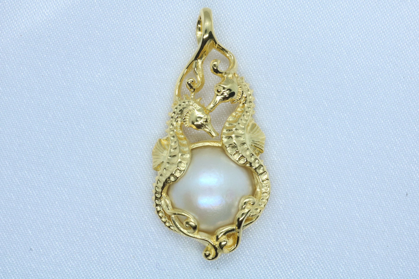 Seahorses 18k Gold Vermeil Mabe White Pearl Pendant Necklace