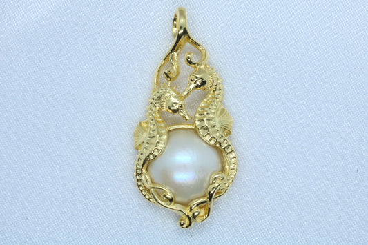 Seahorses 18k Gold Vermeil Mabe White Pearl Pendant Necklace