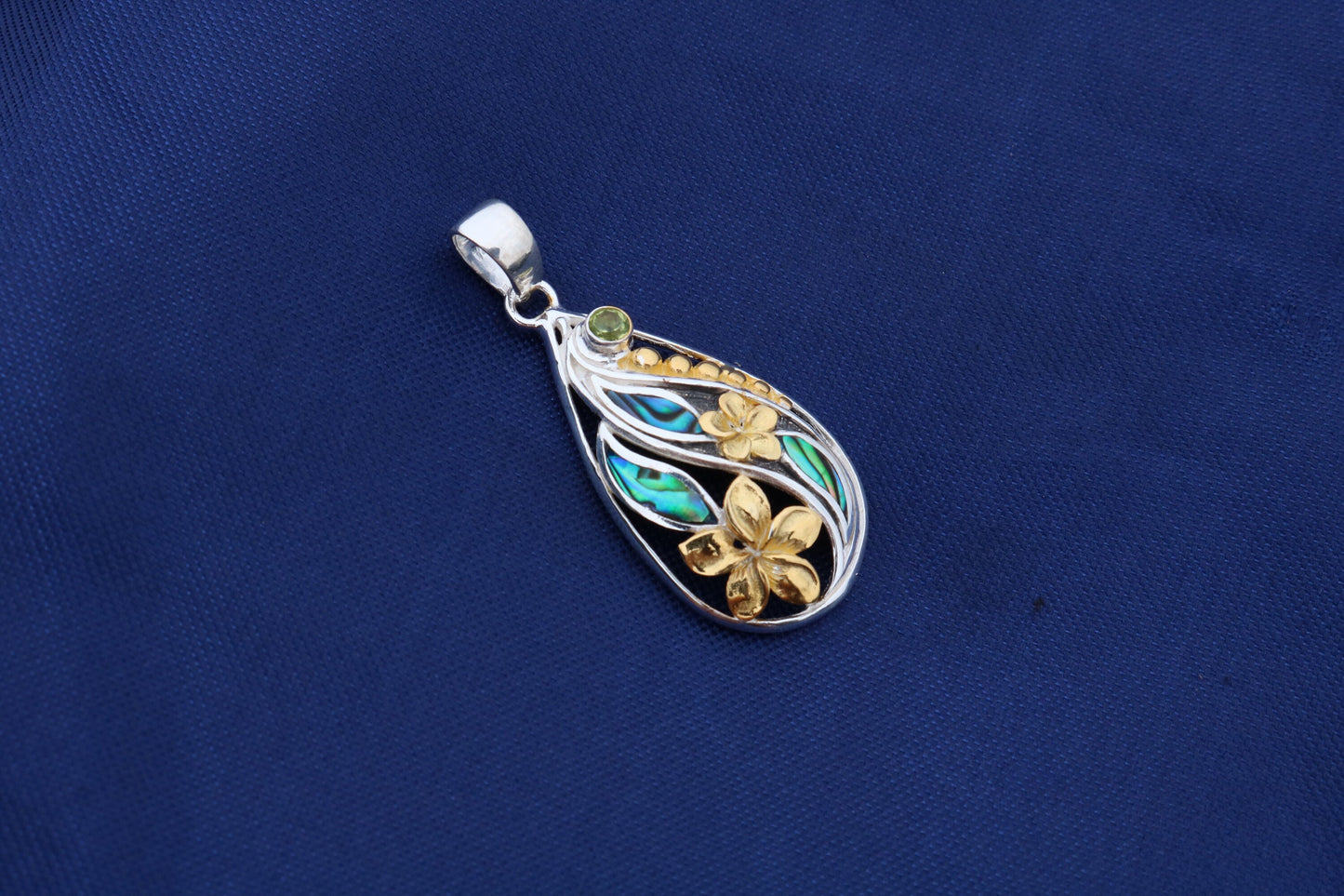 18K Gold Vermeil Teardrop Peridot Plumeria Flower Necklace Pendant. Abalone Shell. Sterling Silver.
