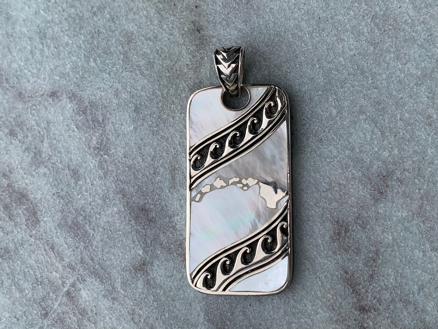Hawaiian Islands Tribal Design Pendant Necklace. Sterling Silver, Mother of Pearl.