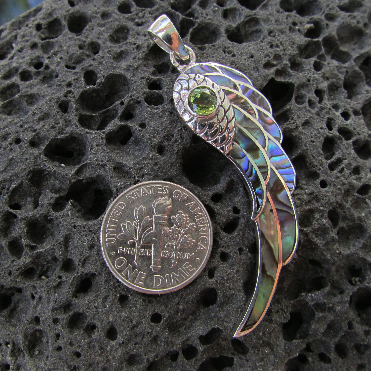 Angel Wing Necklace Pendant. Amethyst, Peridot or Blue Topaz. Abalone Paua Shell. Sterling Silver.