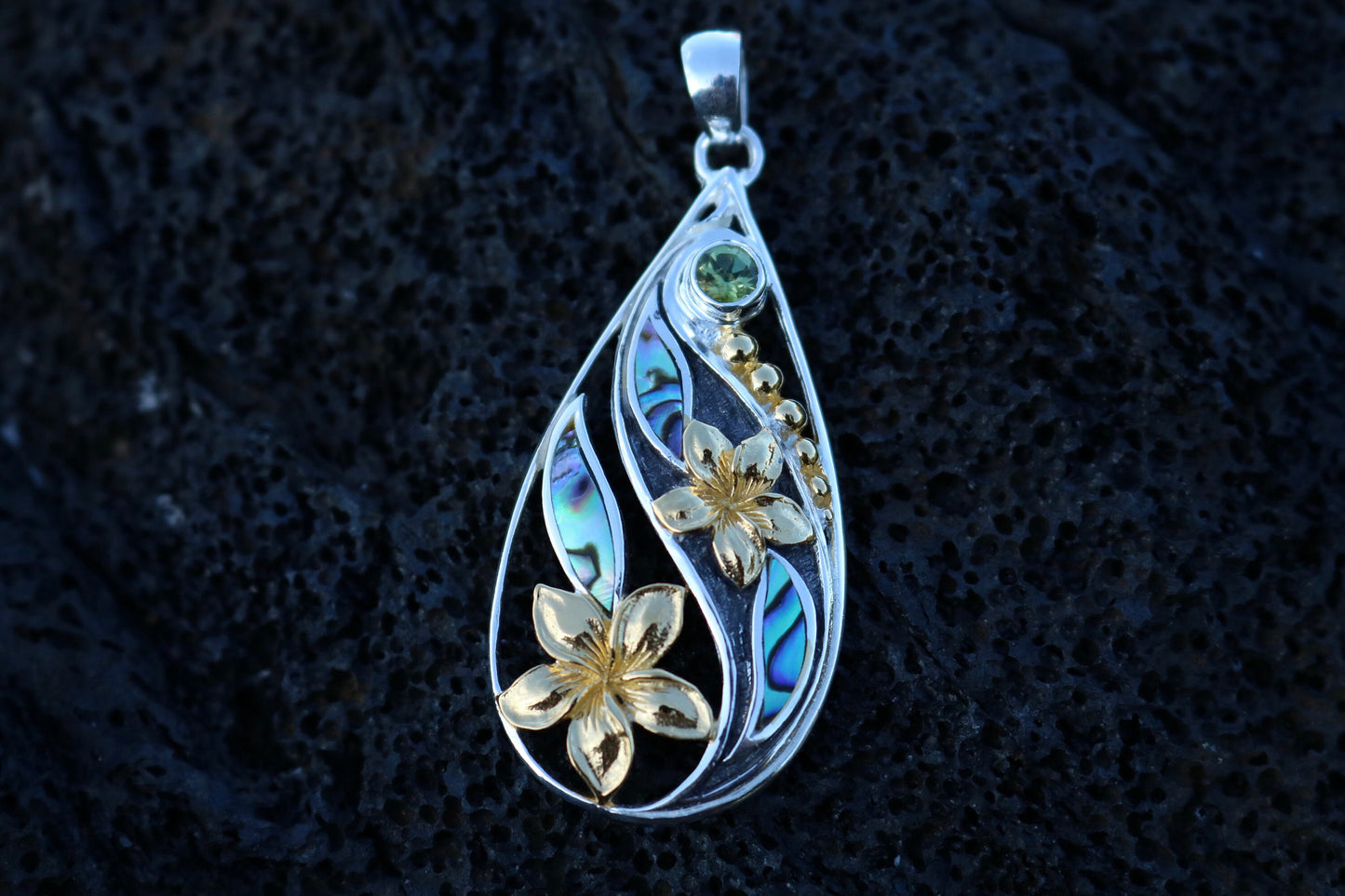 18K Gold Vermeil Teardrop Peridot Plumeria Flower Necklace Pendant. Abalone Shell. Sterling Silver.