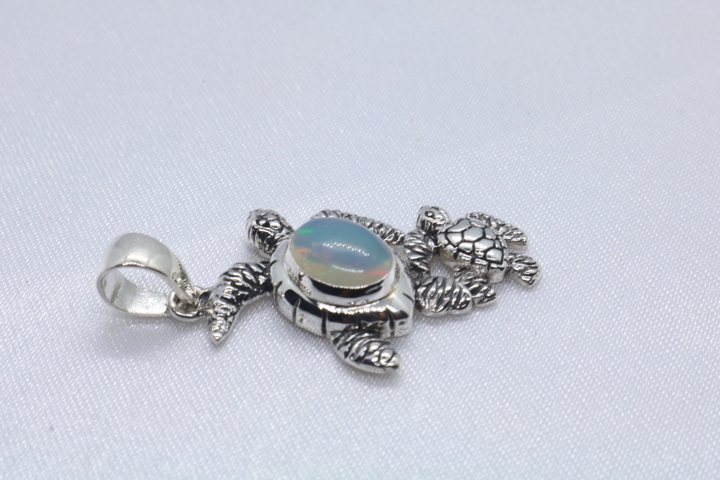 Opal Turtle Hawaiian Honu Mom and Baby silver Necklace Pendant