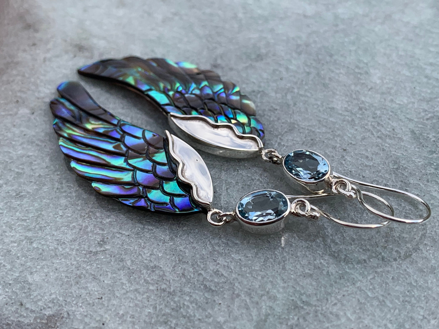 Angel Wings Earrings | Paua Abalone Shell | Sterling Silver | Blue Topaz | Gift | Jewelry | Handmade | Unique
