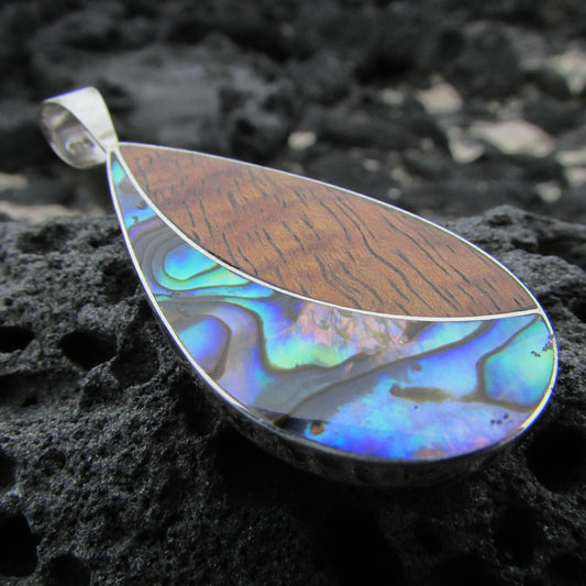 Teardrop Necklace Pendant | Koa Wood | Abalone Paua Shell | Sterling Silver | Gift | Jewelry | Handmade | Unique