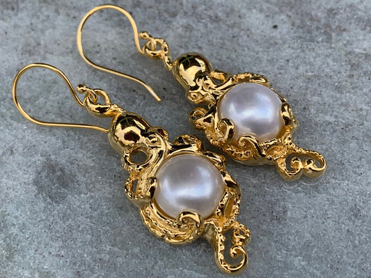18k gold vermeil white mabe pearl octopus earrings.