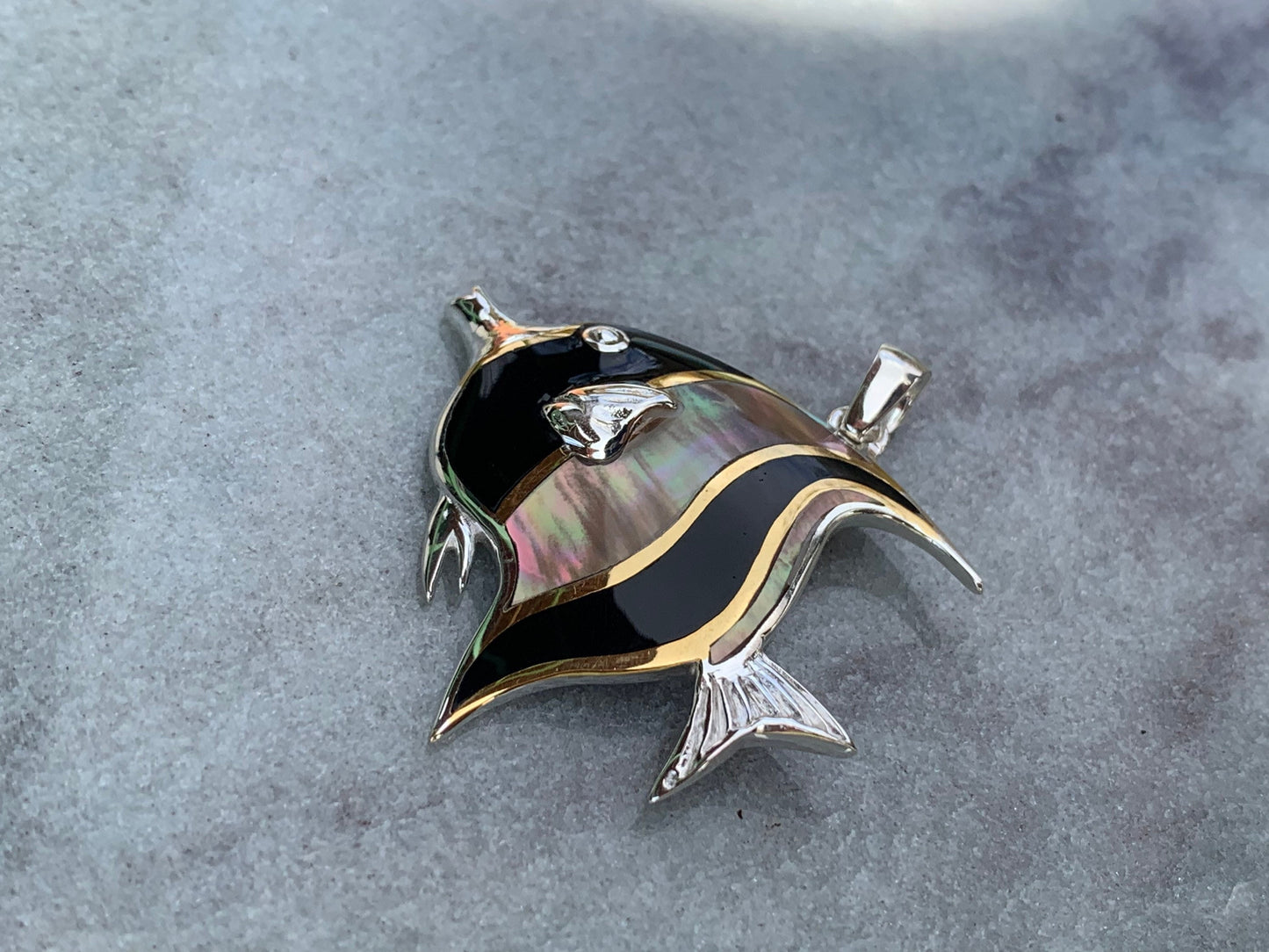 Fish Moorish Idol Hawaiian Tropical Pendant Necklace. Sterling Silver, Mother of Pearl.